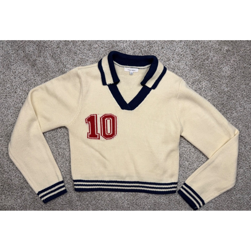 Cherry Mellow Sweater Varsity Graphic Knit Large Cream Preppy Cropped Pullover